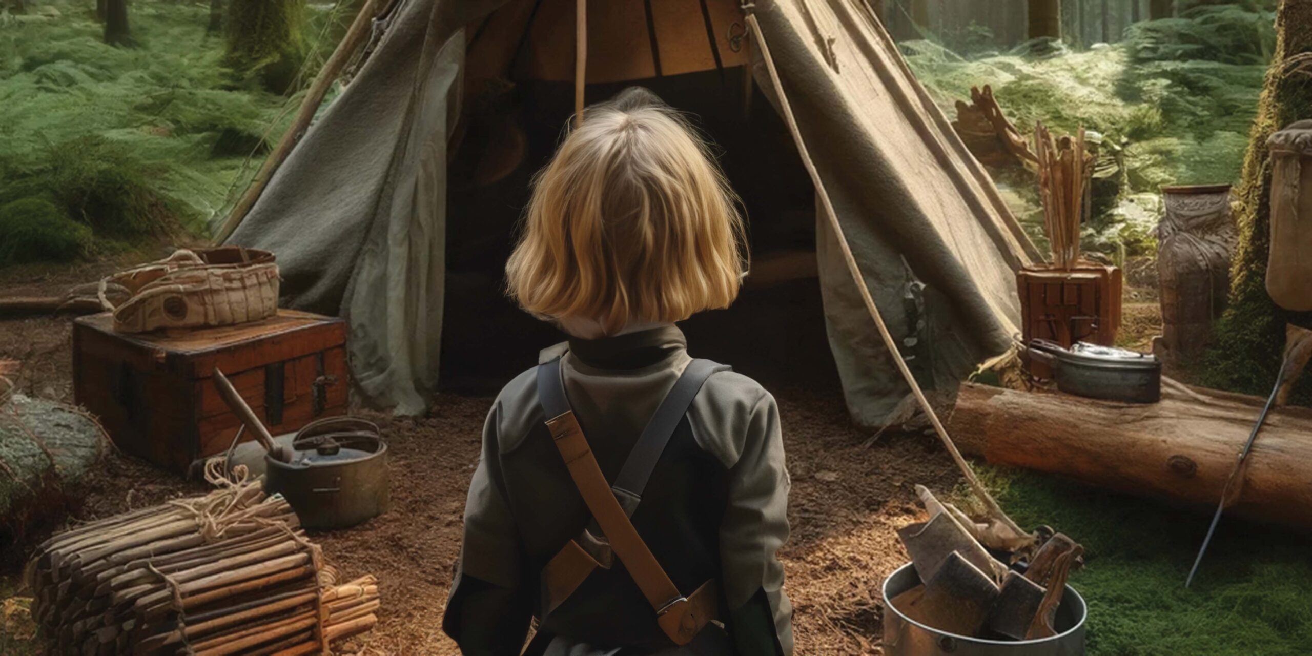 Image génération IA d'un enfant dans un camping de trappeur